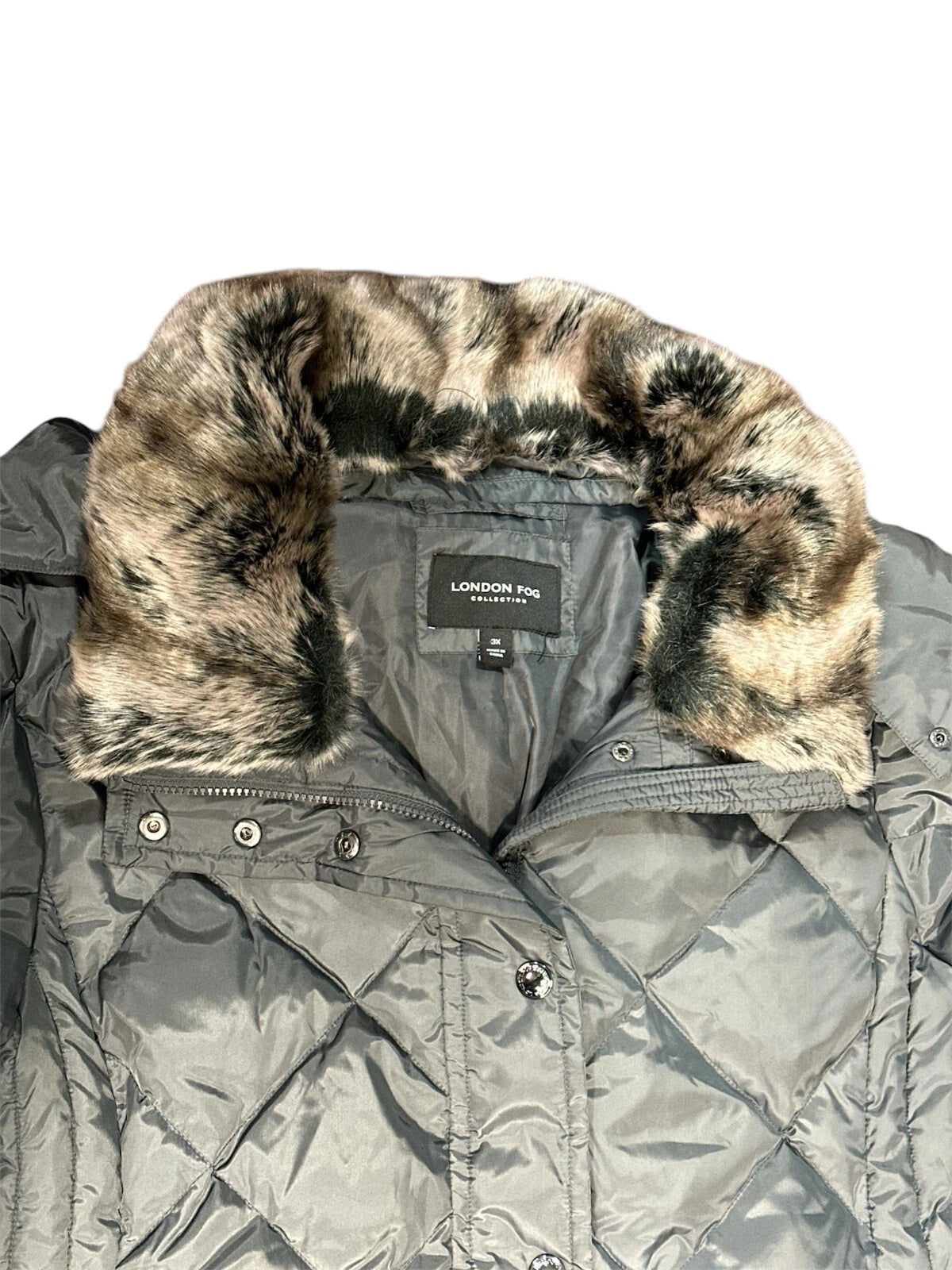 London Fog Women's Diamond Quilted Down Coat with Faux Fur Trim Hood, SLATE, 3X