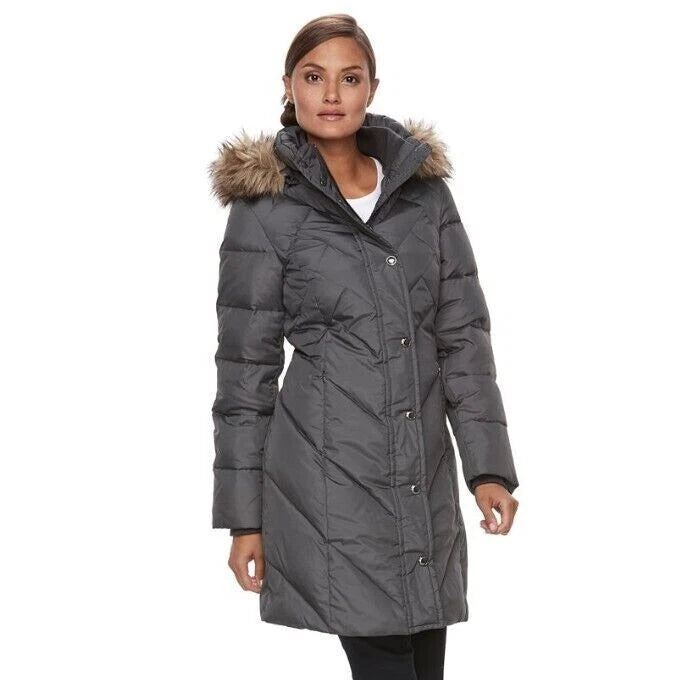 London Fog Women's Diamond Quilted Down Coat with Faux Fur Trim Hood, SLATE, 3X