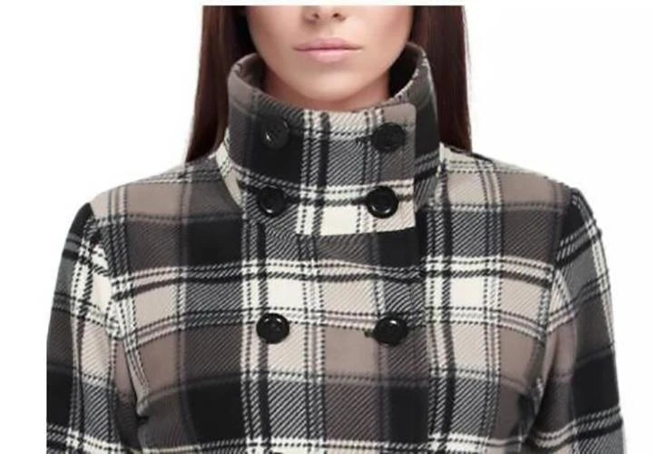 Ike Behar Womens Double Breasted Fleece Belted Jacket, Taupe Plaid, S