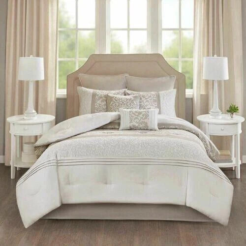 510 Design Embroidered 8 Piece Comforter Set, Neutral, King