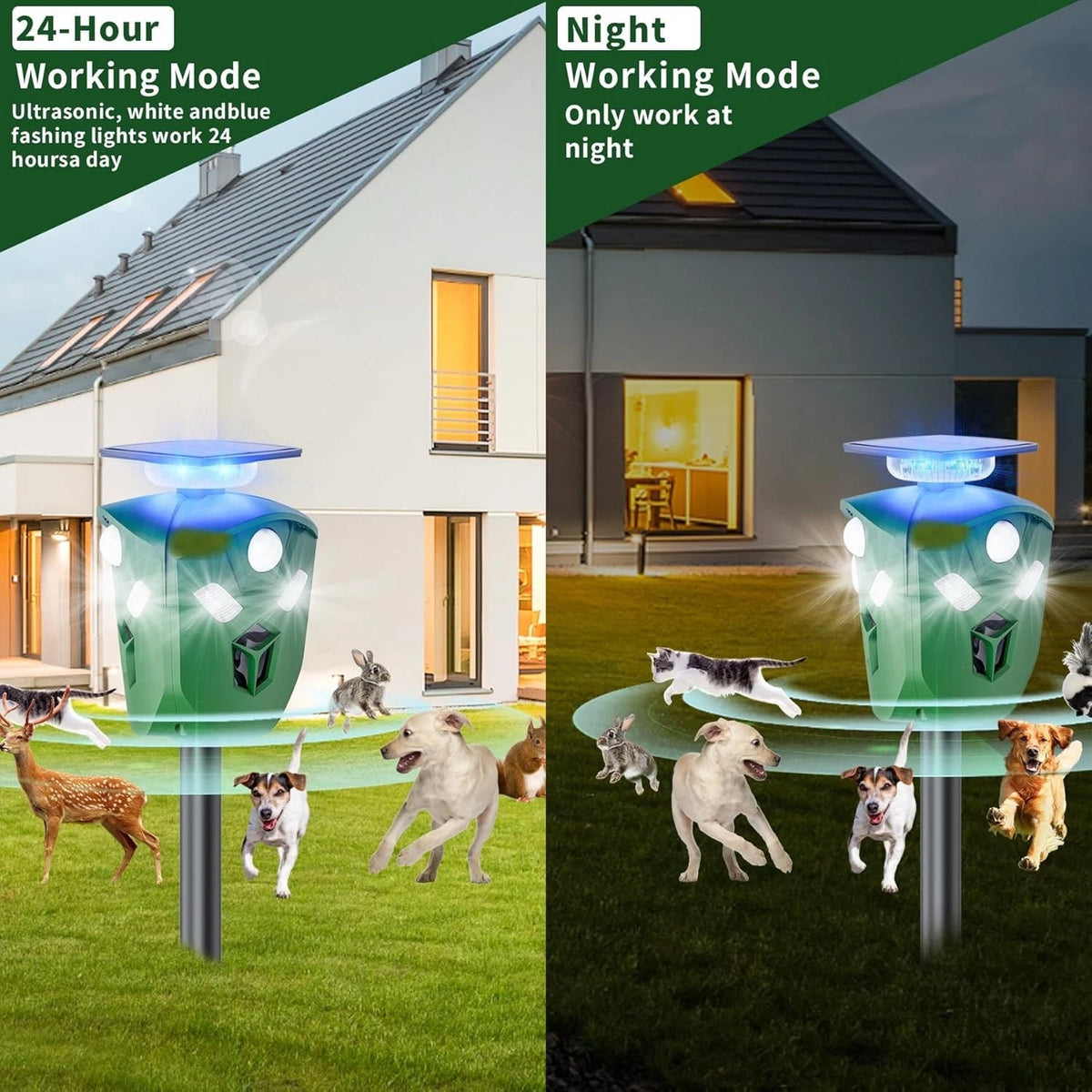 AR16 Pro Solar Ultrasonic Animal Repeller Outdoor 360° All Round Deer Deterrent