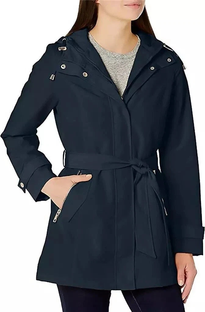 Authentic Nautica Women Hooded Raincoat with Belt Jacket, Navy Seas, X-Small