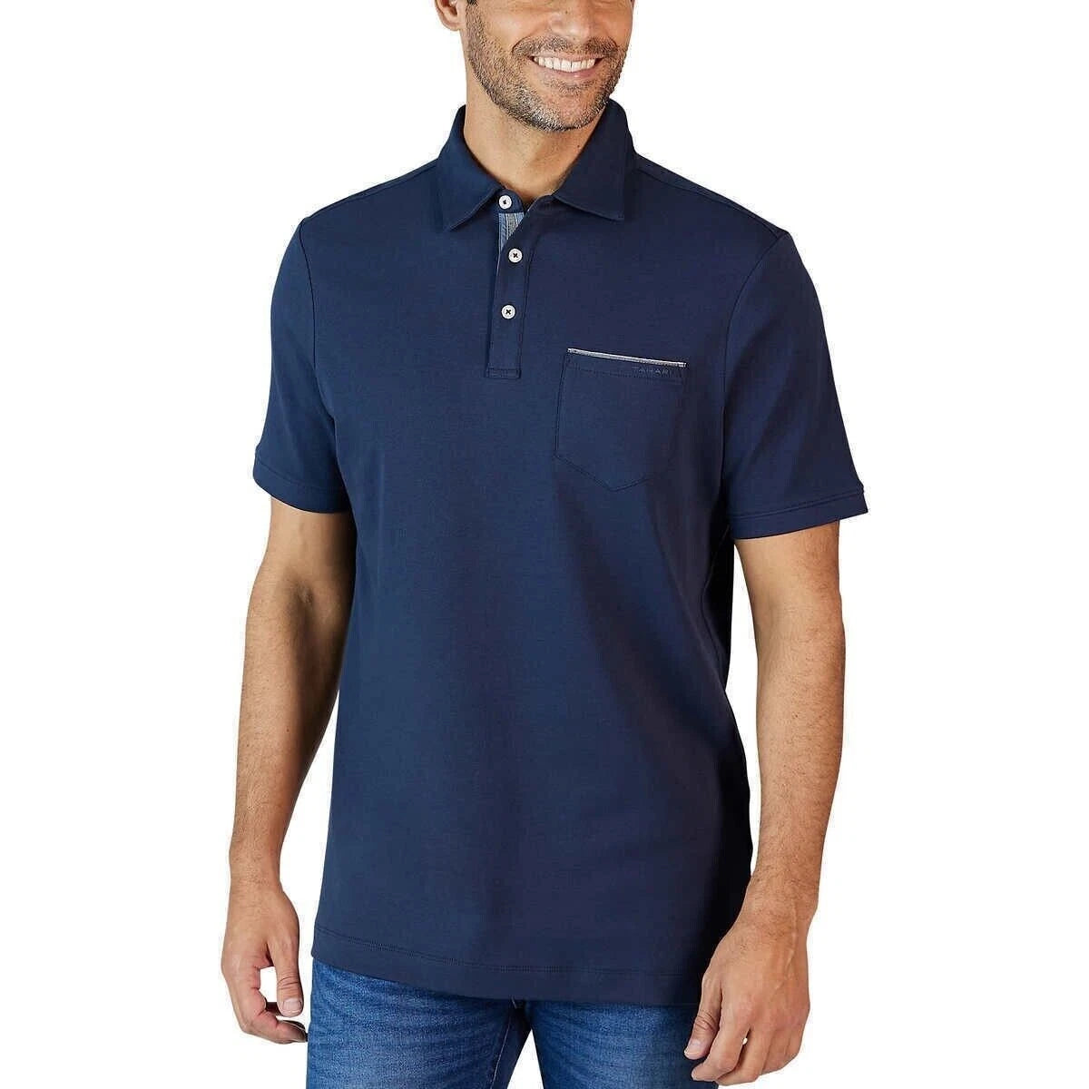 Tahari Men's Fine Cotton Interlock Short Sleeve Polo Shirt, NAVY, S