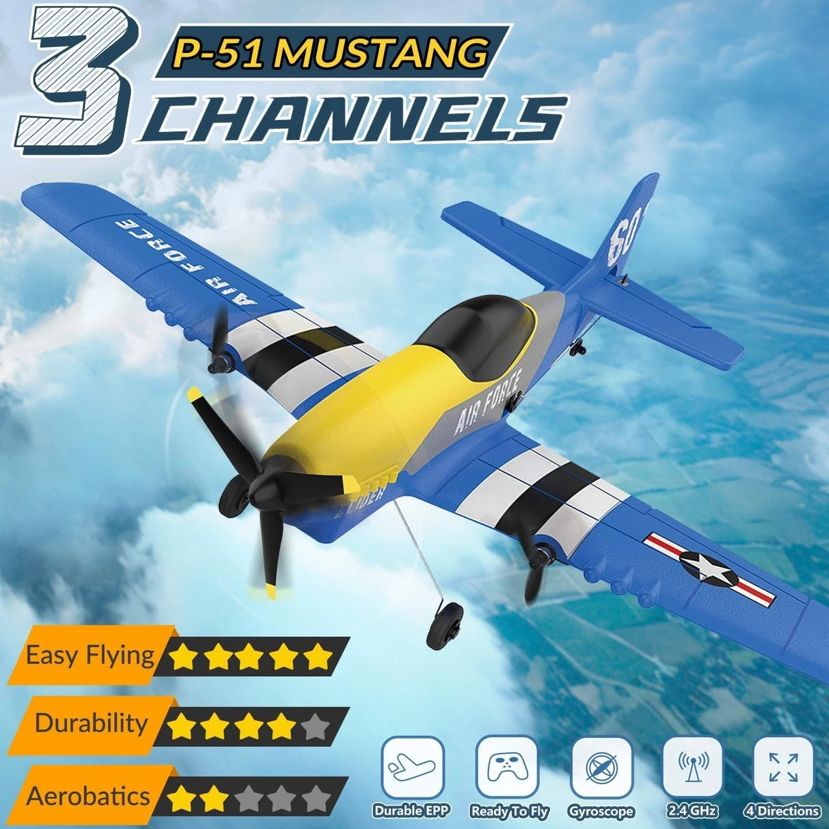 3 Channel RC Plane P-51D Mustang, Remote Control Airplane Ready to Fly, 2.4Ghz 6