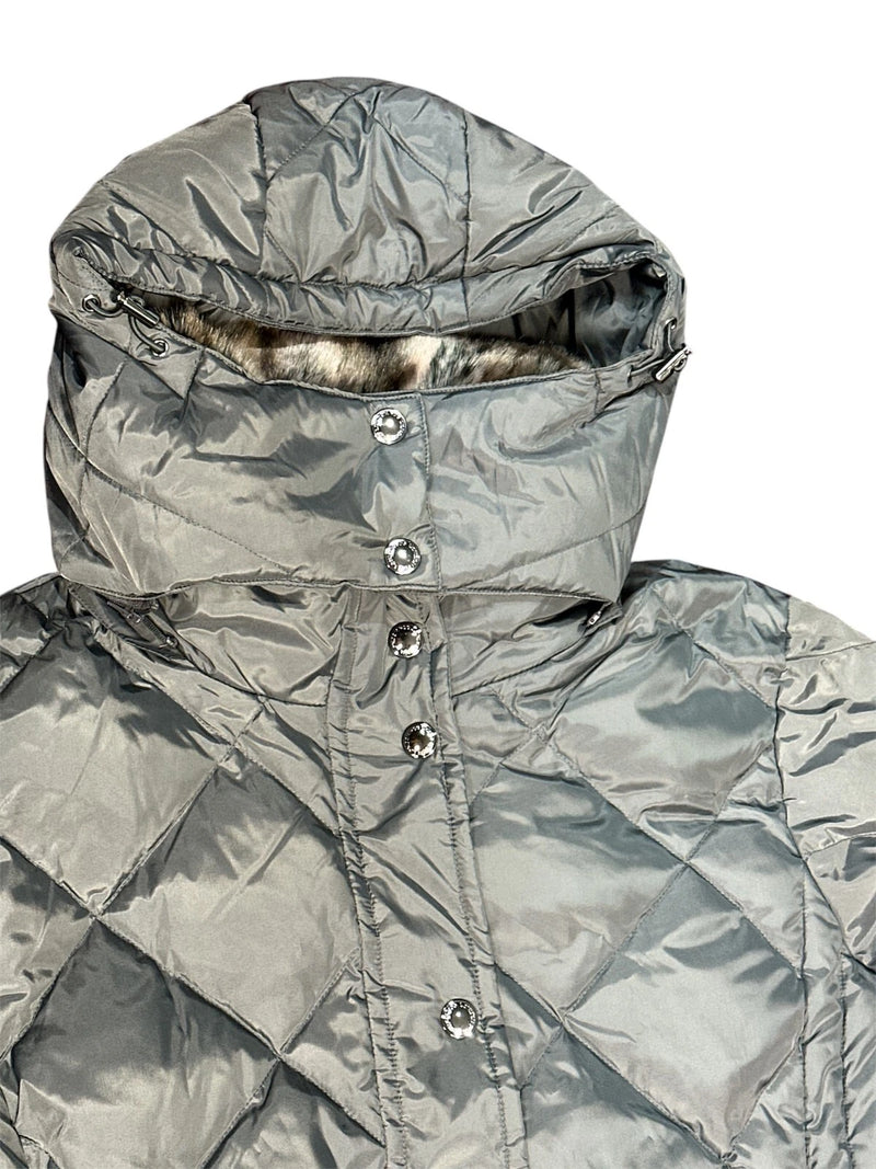 London Fog Women's Diamond Quilted Down Coat with Faux Fur Trim Hood, SLATE, 3X