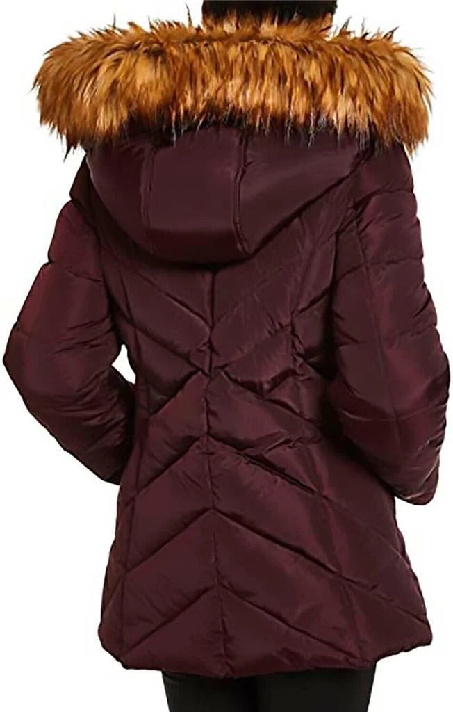 Authentic Madden Girl Juniors Hooded Faux-Fur-Trim Puffer Coat, MERLOT, Sz Large