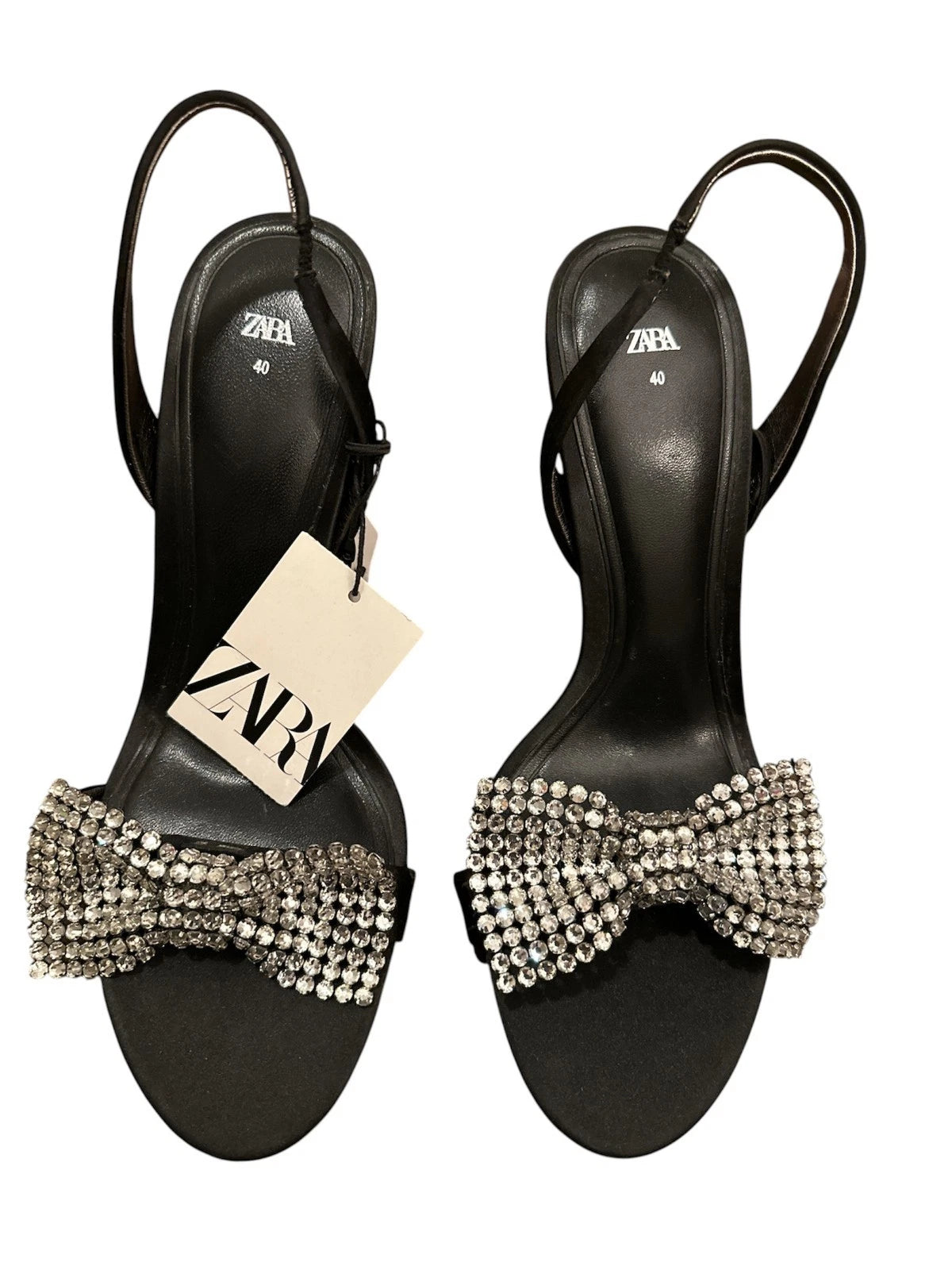 Zara Women Embellished Bow High Heel Sandals, Black Silver, 40