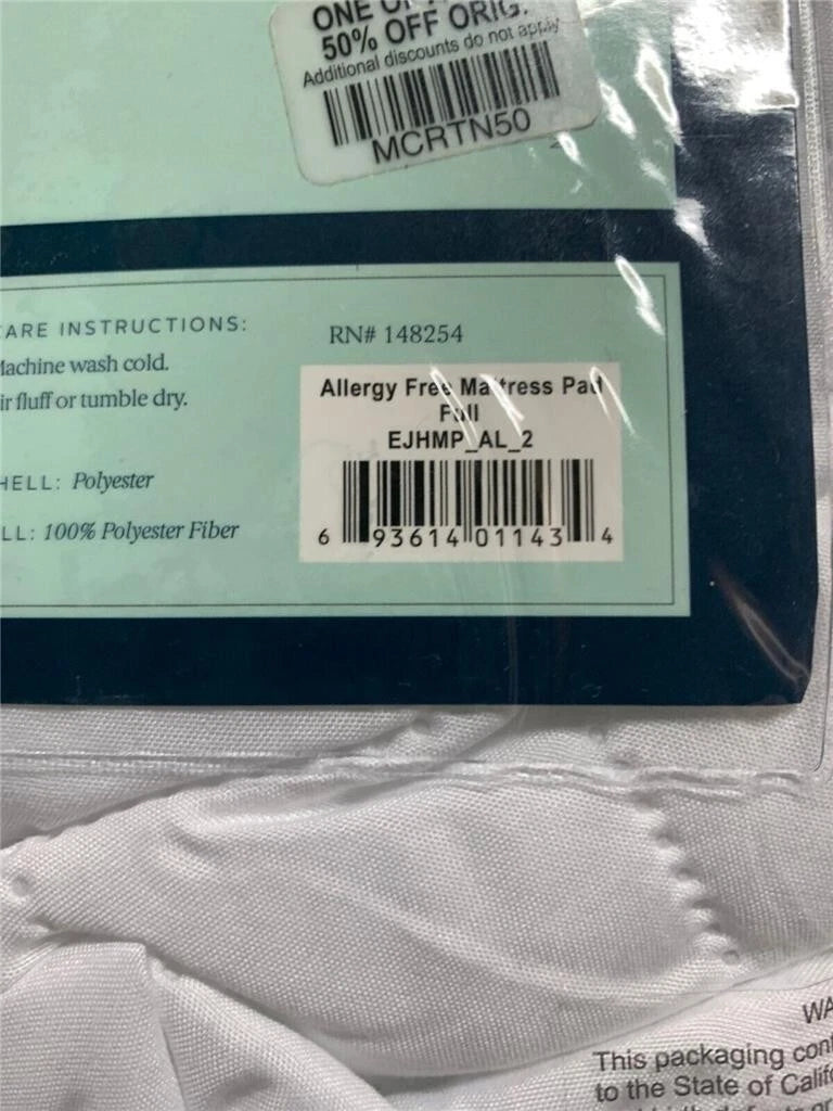 Ella Jayne Allergy Free Mattress Pad, White, Full