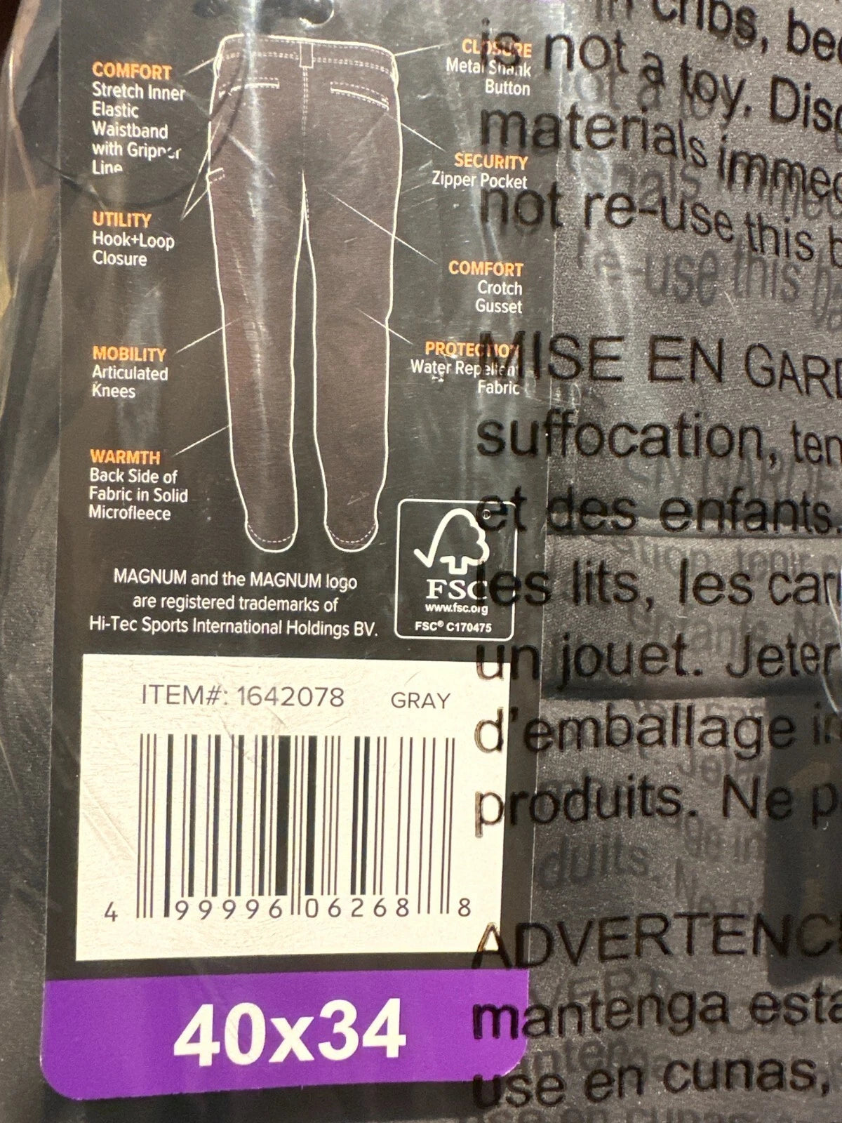 Magnum Men's Microfleece Lined Water Repellent Work Pants, GREY, 40 X 34
