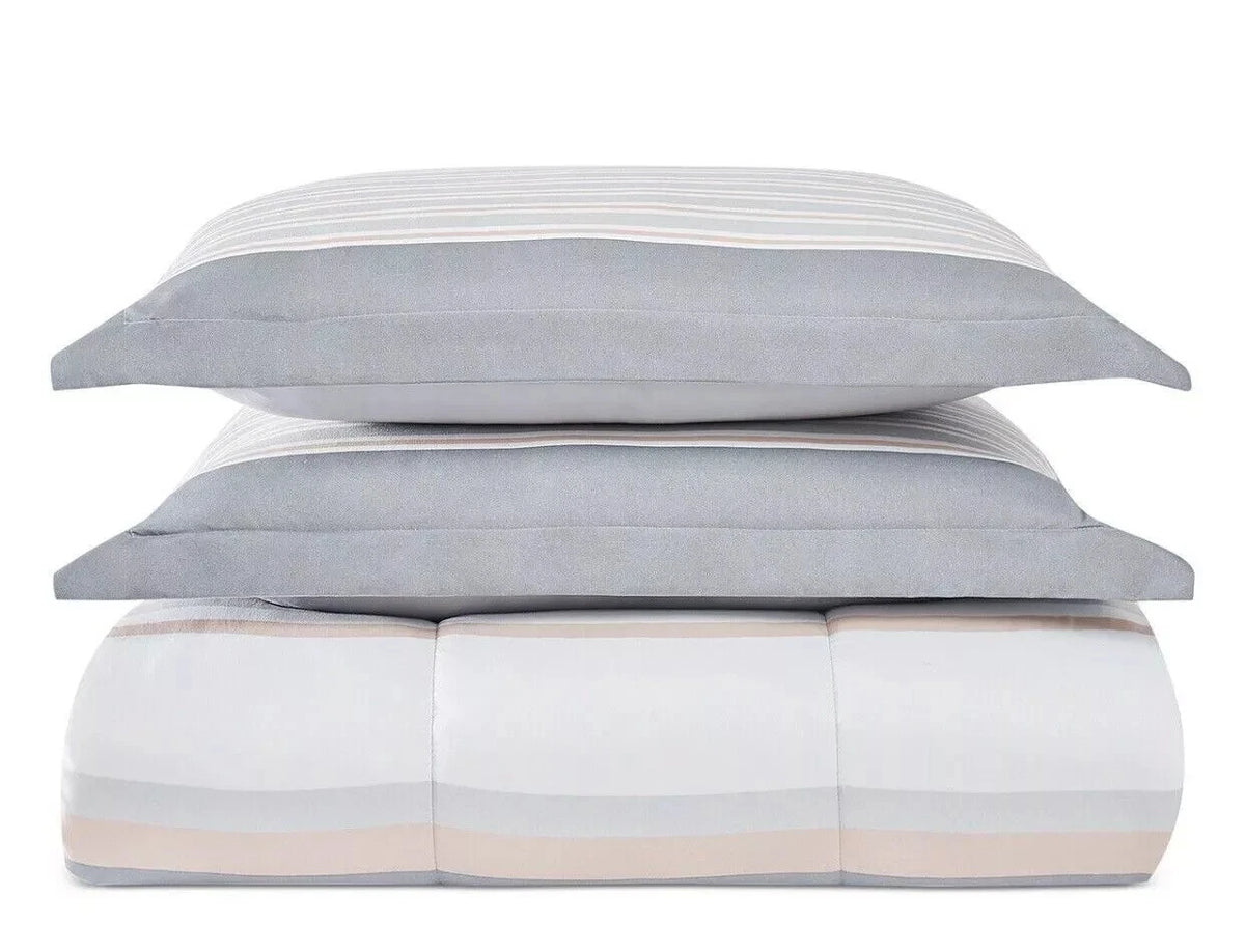 Pem America Grace Gray Stripe Reversible 3-Piece Comforter Sham Set , Full/Queen