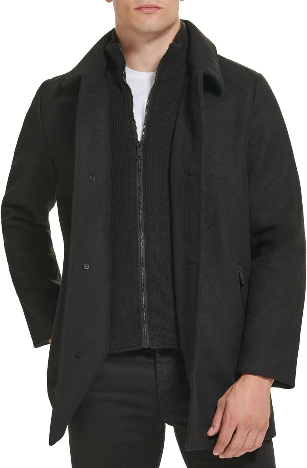 Kenneth Cole Men's Wool Single Breast Front Inner Quilted Wing Collar Coat BLK M
