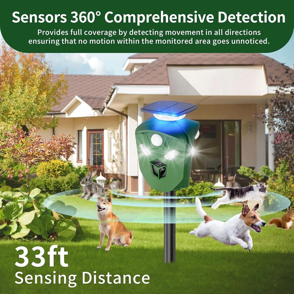 AR16 Pro Solar Ultrasonic Animal Repeller Outdoor 360° All Round Deer Deterrent