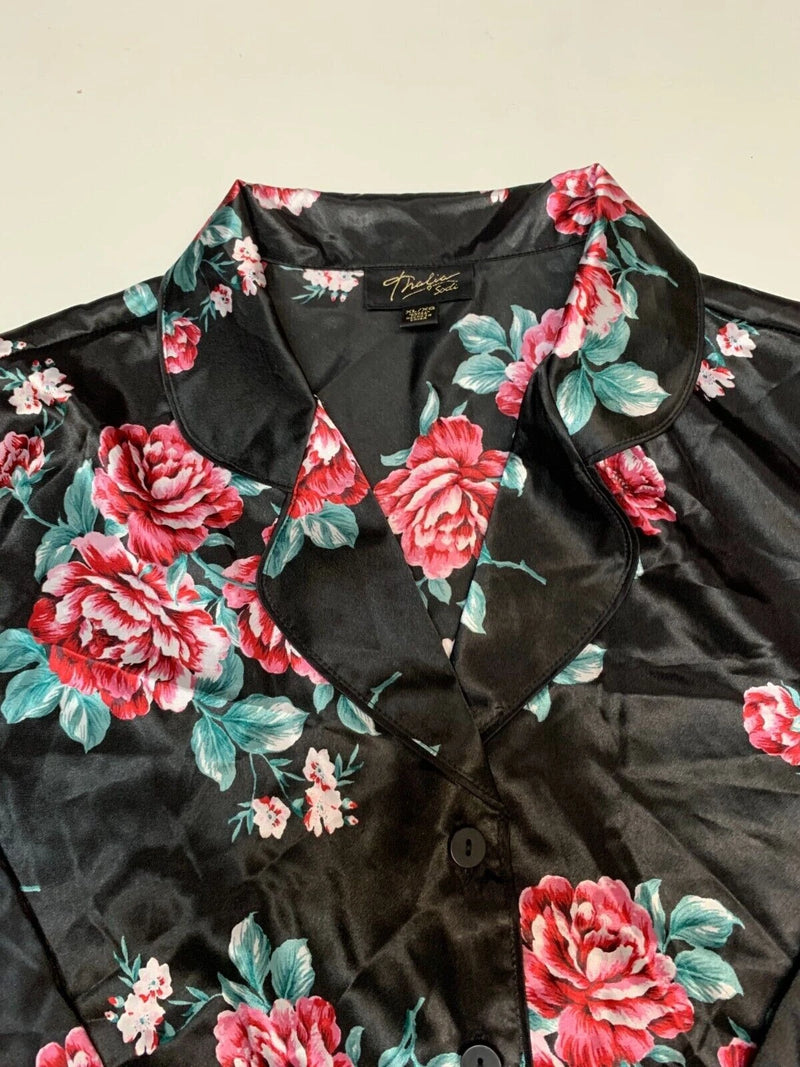 THALIA SODI Intimates Ladies Notched Collar Floral Pajama Top, BLACK, XL