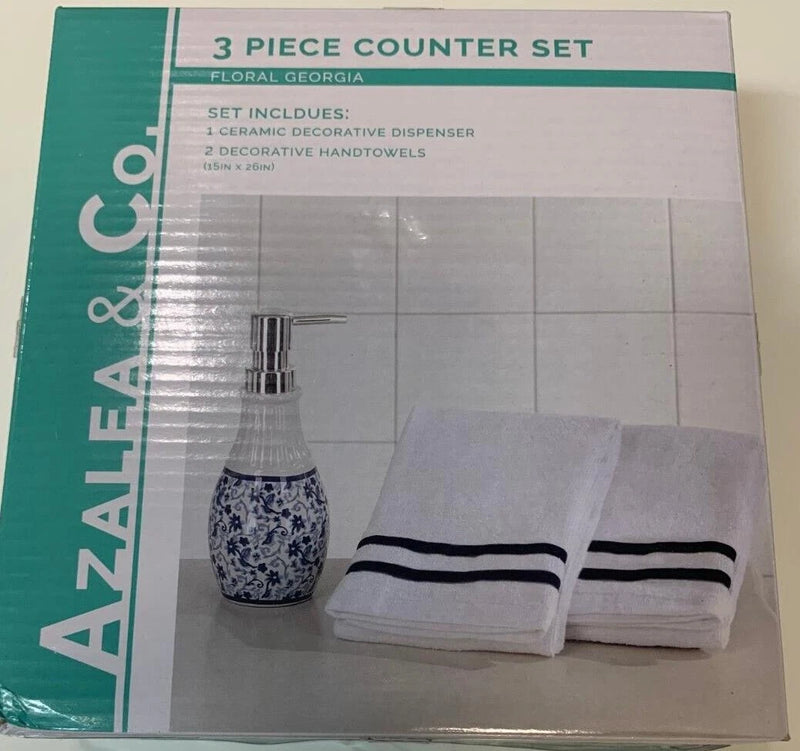 Azalea &amp; Co 3 PC Bathroom Counter Set- White Floral Blue
