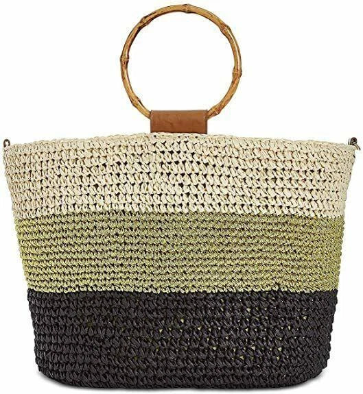 INC International Concepts Willoww Stripe Colorblock Woven Straw Tote
