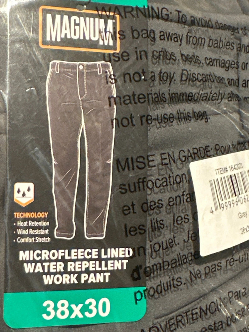 Magnum Men's Microfleece Lined Water Repellent Work Pants, GREY, 38 X 30