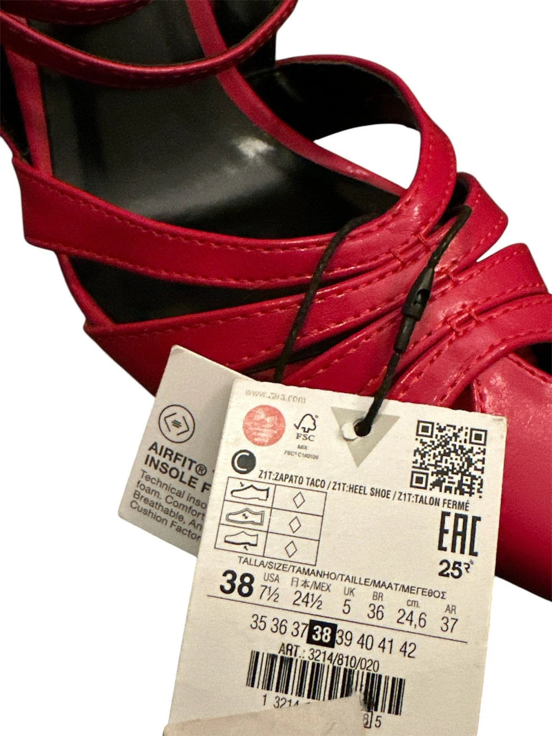 Zara Women Strappy Lace Up Pointed Toe High Heels, RED, 38
