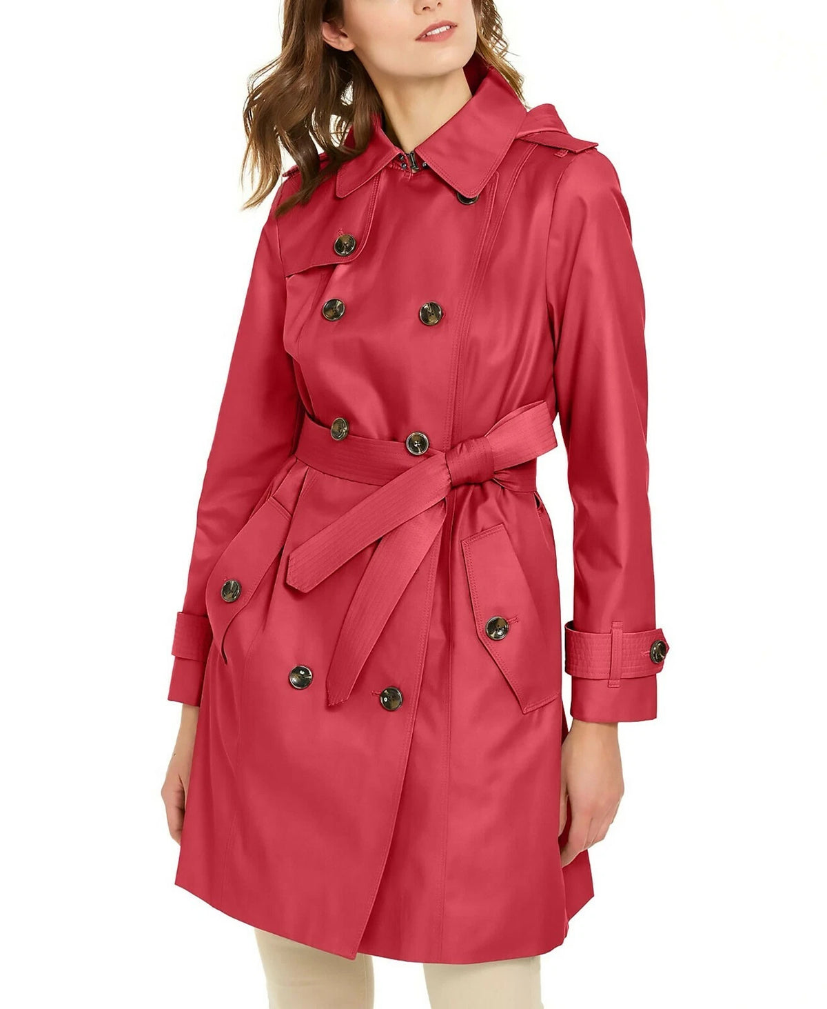 London Fog Women's Double-Breaste<wbr/>d Hooded Trench Coat HIBISCUS RED XS MSRP $180