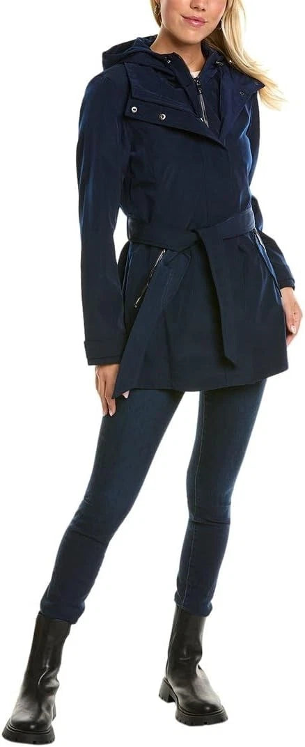 Authentic Nautica Women Hooded Raincoat with Belt Jacket, Navy Seas, X-Small