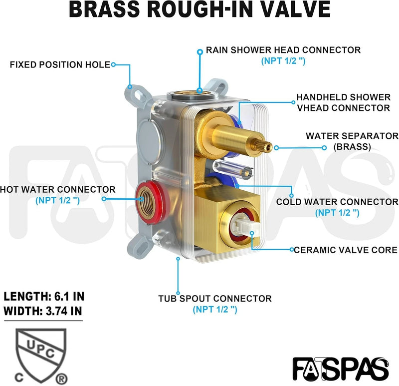 Fatspas 12 Inch Shower Faucet Set, Rainfall Shower System with Tub Spout