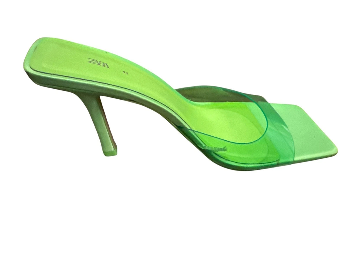 ZARA Women PVC Vinyl Satin Slides Mules Sandals, Lime Green, 40-9