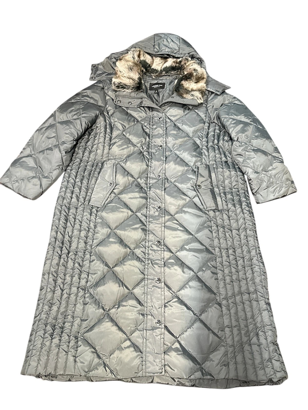 London Fog Women's Diamond Quilted Down Coat with Faux Fur Trim Hood, SLATE, 3X